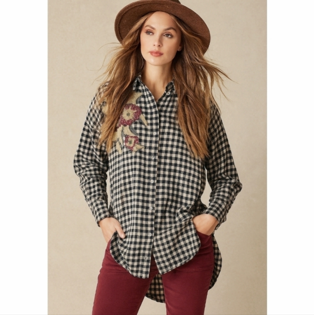 ZARA Black White Gingham Flannel Button Front, Floral Embroidery, High Low Tunic